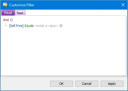 Customise Filter window