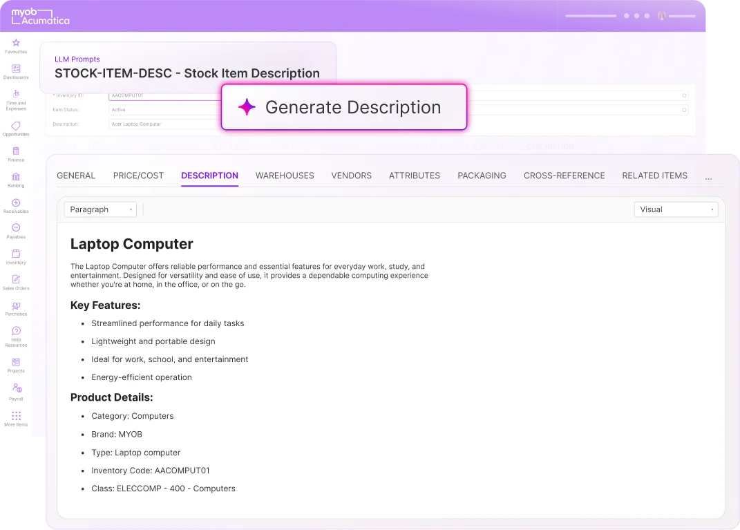 MYOB Acumatica screen showing an AI-powered Generate Description button creating a stock item description for a Laptop Computer.