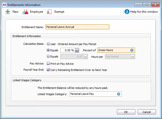 Example personal leave accrual setup