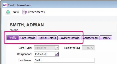 Example employee card with tabs highlighted