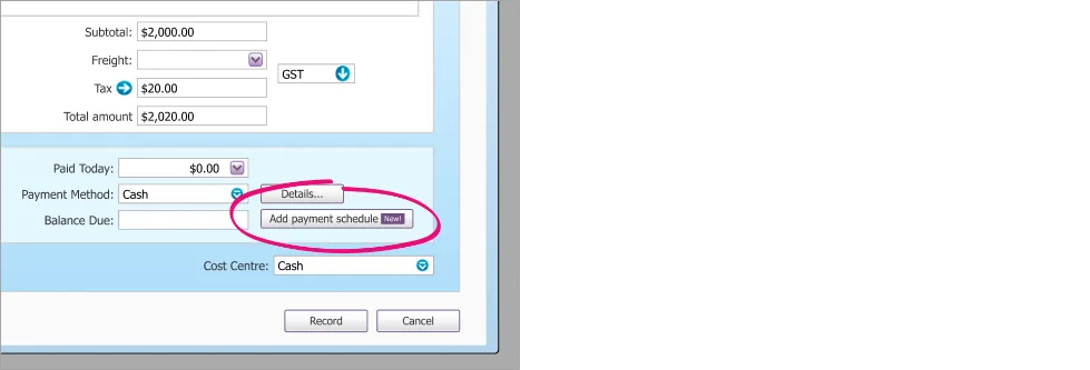 Example AccountRight invoice with add payment schedule button highlighted