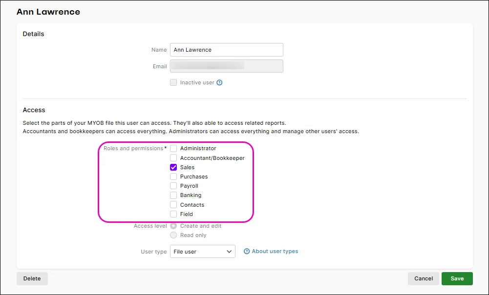 Select the roles and permissions for a user