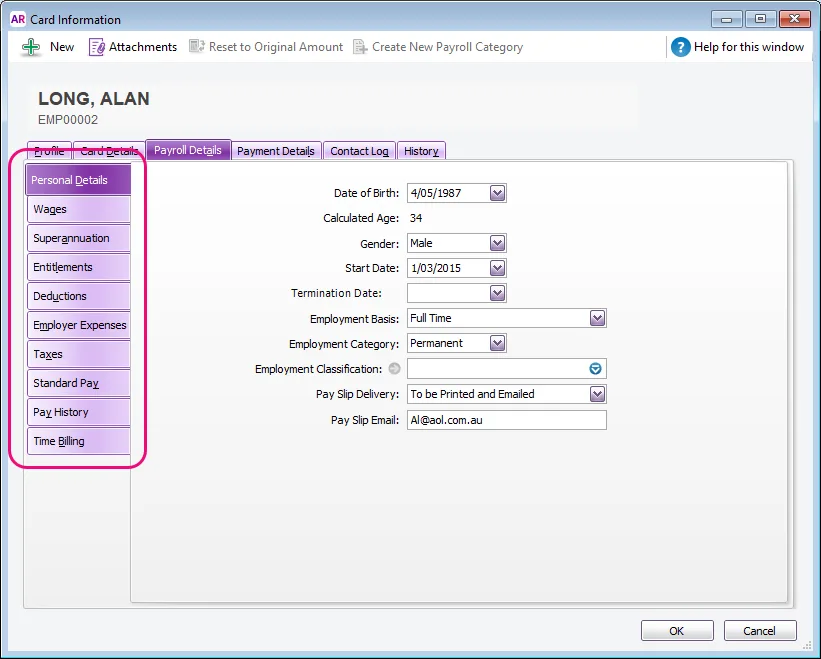 Example employee card with tabs highlighted