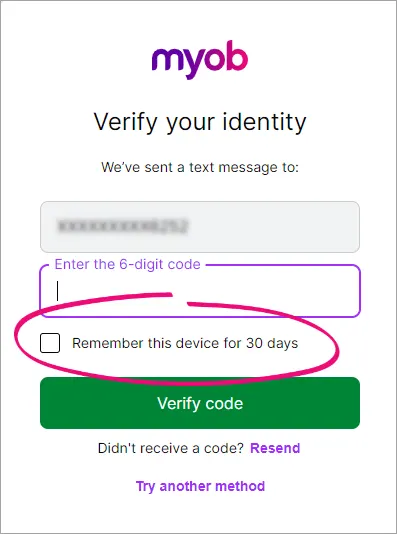Example prompt to enter verification code with remember this device option highlighted