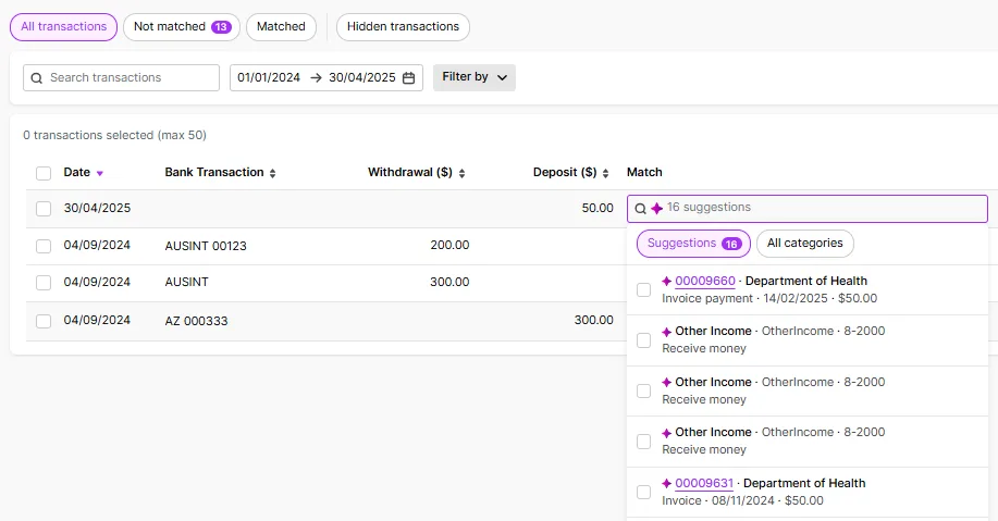 To see the suggested matches click the suggestions in the Match column