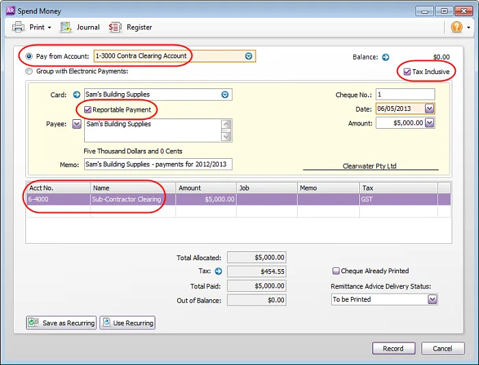 TPAR - Sample spend money