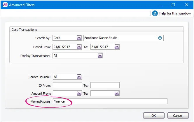 Memo/Payee field with 'Finance'