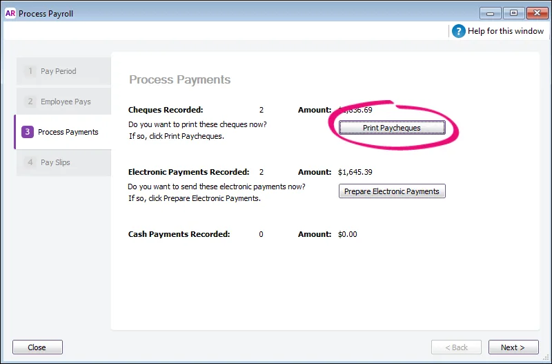 Print Paycheques button highlighted