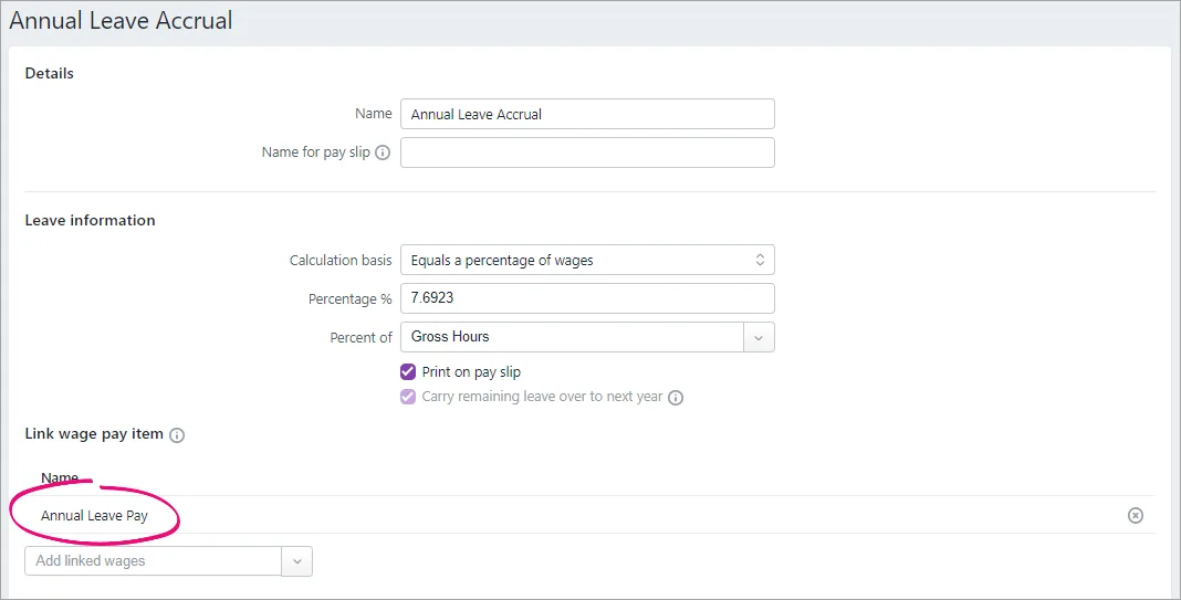 Example annual leave accrual pay item with linked annual leave pay wage item highlighted