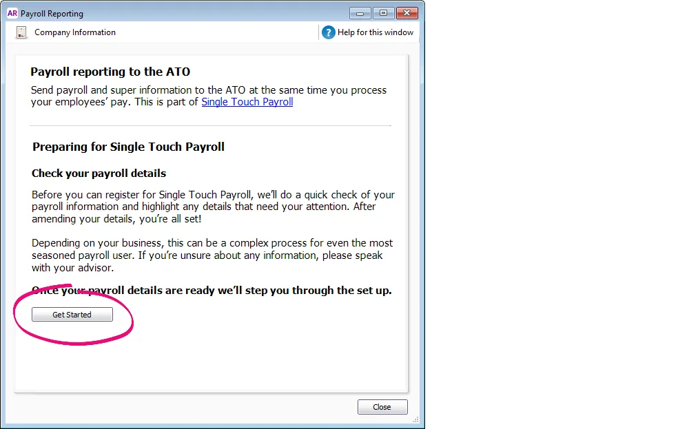 AccountRight Payroll Reporting window with Get Started button highlighted