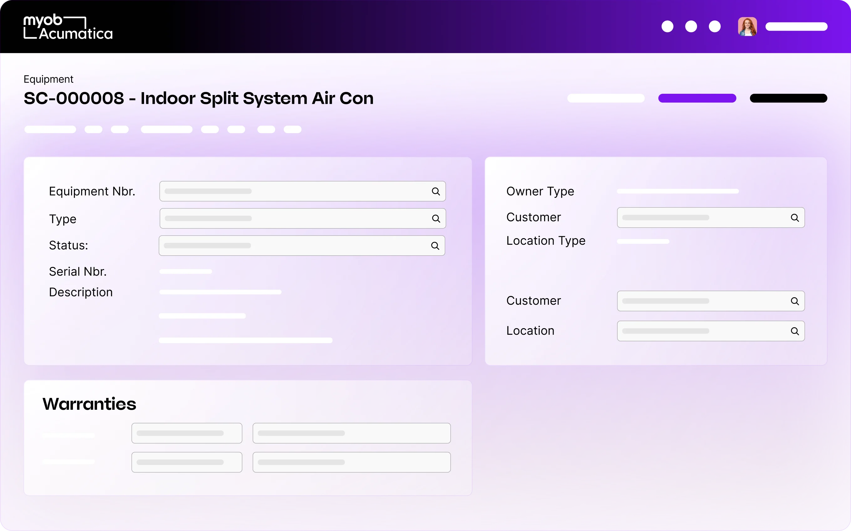 MYOB Acumatica equipment management interface showing details for an indoor split system air conditioner with form fields for specifications.