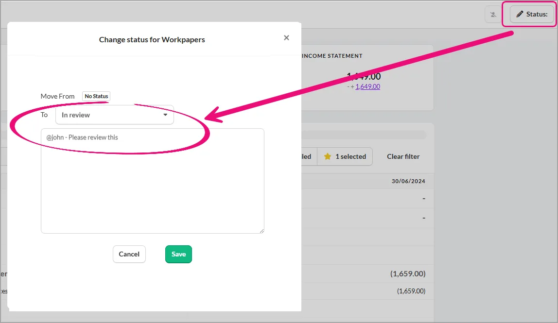Change status for Workpapers window opened from the Status button