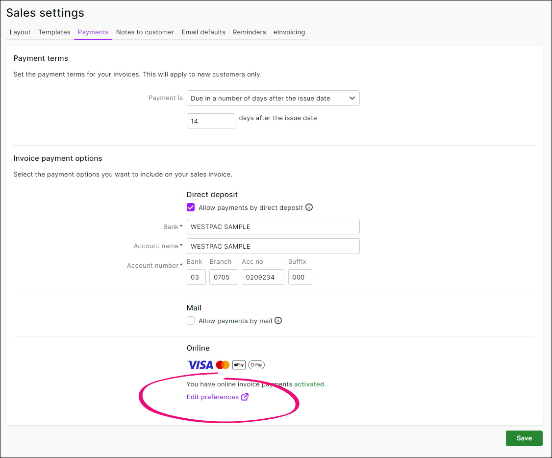 Turning online payments on or off