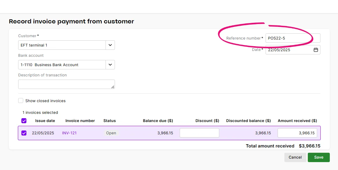 Example customer payment with the reference number highlighted
