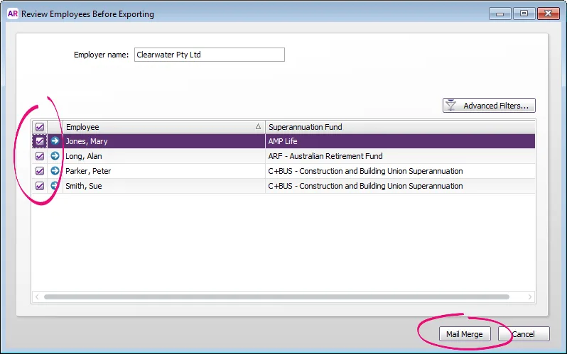 Example review employees before exporting screen with employees selected and mail merge button highlighted