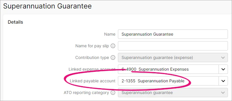 Example super guarantee pay item with linked payable account highlighted