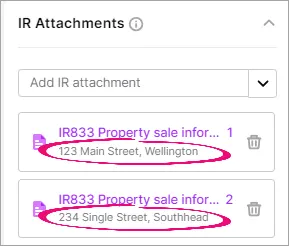 IR Attachments panel showing two IR833 attachment options, but with two different addresses highlighted on each one.