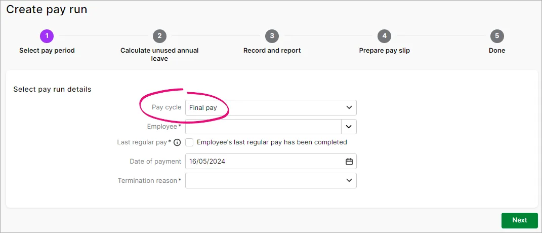 Example pay run in the browser version of AccountRight with the final pay pay cycle chosen and highlighted