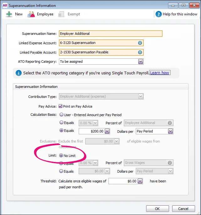 Example Employer Additional Super with No Limit selected