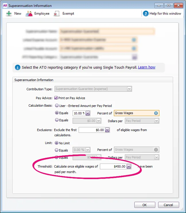 Super guarantee payroll category with threshold field highlighted