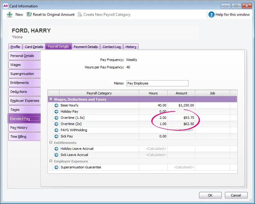 Example standard pay with hours of overtime highlighted