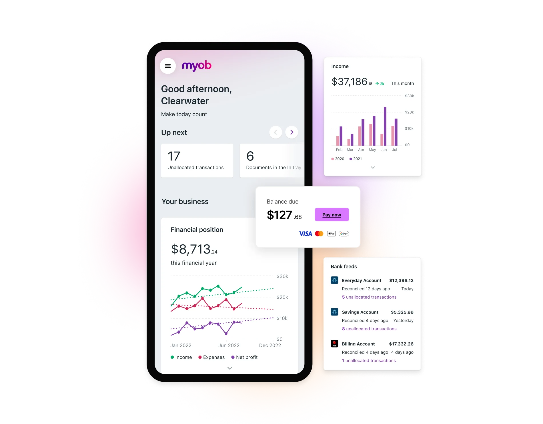 You can view your MYOB Business dashboards, income and expense tracking and invoicing from your mobile phone.