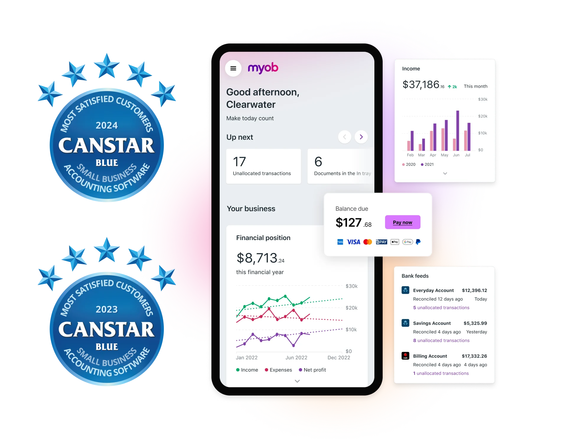 You can view your MYOB Business dashboards, income and expense tracking and invoicing from your mobile phone.