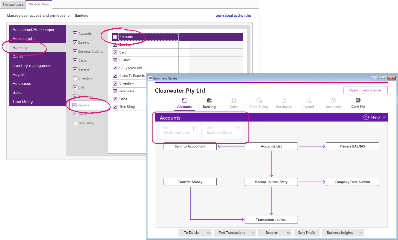 Example role permissions with AccountRight accounts commend centre shown with tiles disabled
