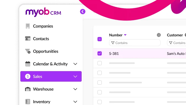 A render of the MYOB CRM portal, with the "Sales" tab in focus.