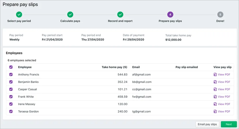 Prepare pay slips screen