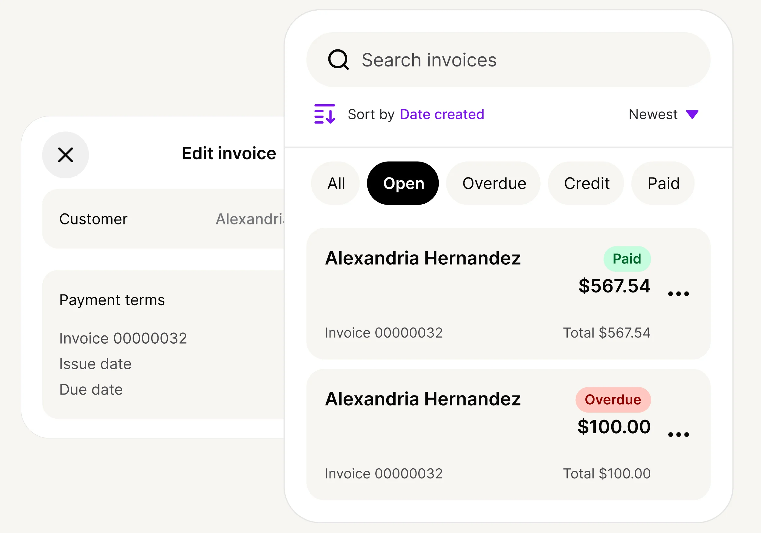Invoice management interface showing edit screen, search bar, and list of invoices with payment statuses for different customers.