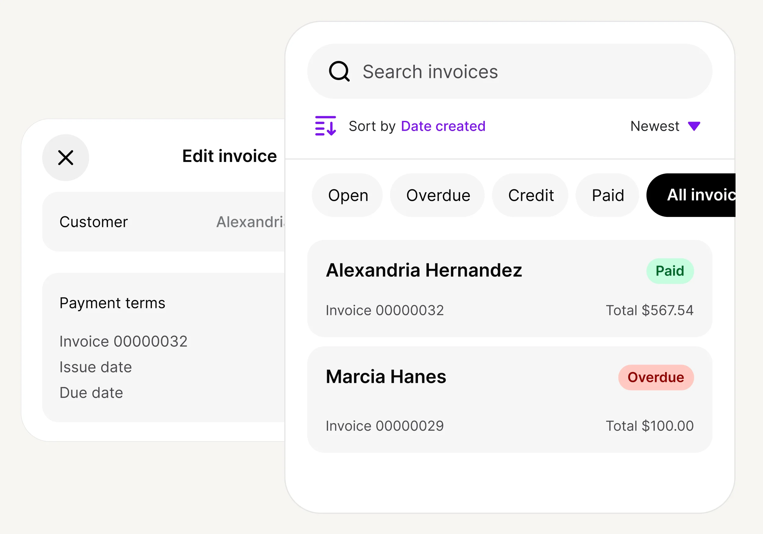 Invoice management interface showing edit screen, search bar, and list of invoices with payment statuses for different customers.