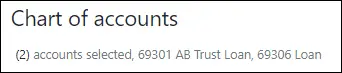 The number and name of selected accounts displayed below the Chart of accounts heading