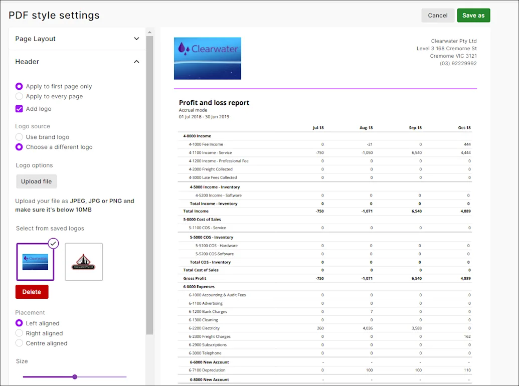 Working with PDF style templates for reports