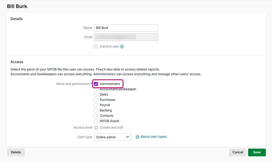 User with the Administrator role and permissions selected