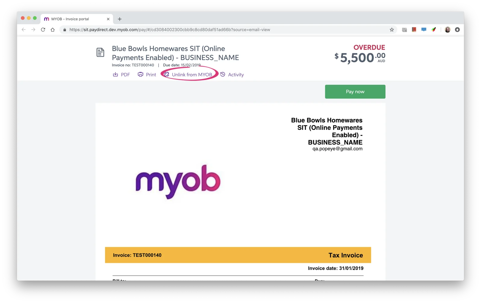 Unlink from MYOB button in an invoice