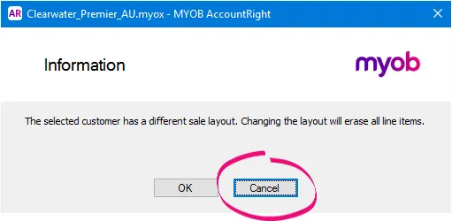 Example message about changing the layout will erase all line items and cancel button highlighted
