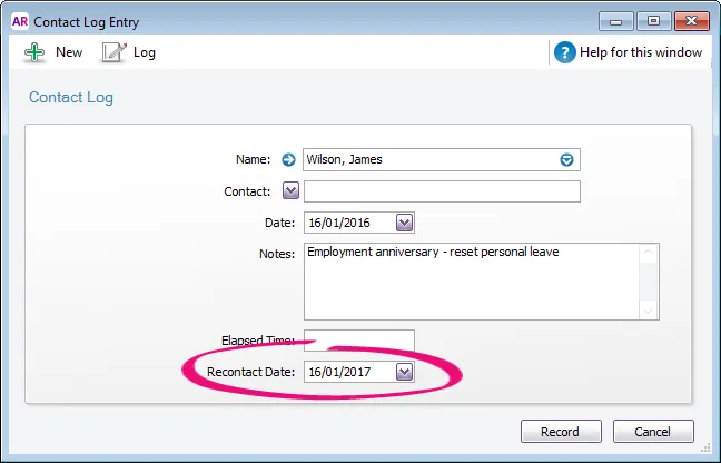 Example Contact log with recontact date highlighted