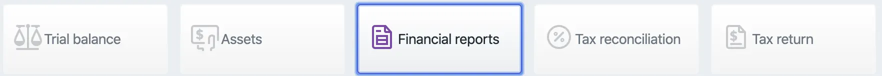 Financial reports tab selected next to Trial Balance, Assets, Tax reconciliation and Tax return tabs.