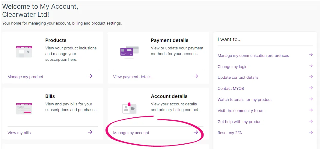 Manage my account link in My Account