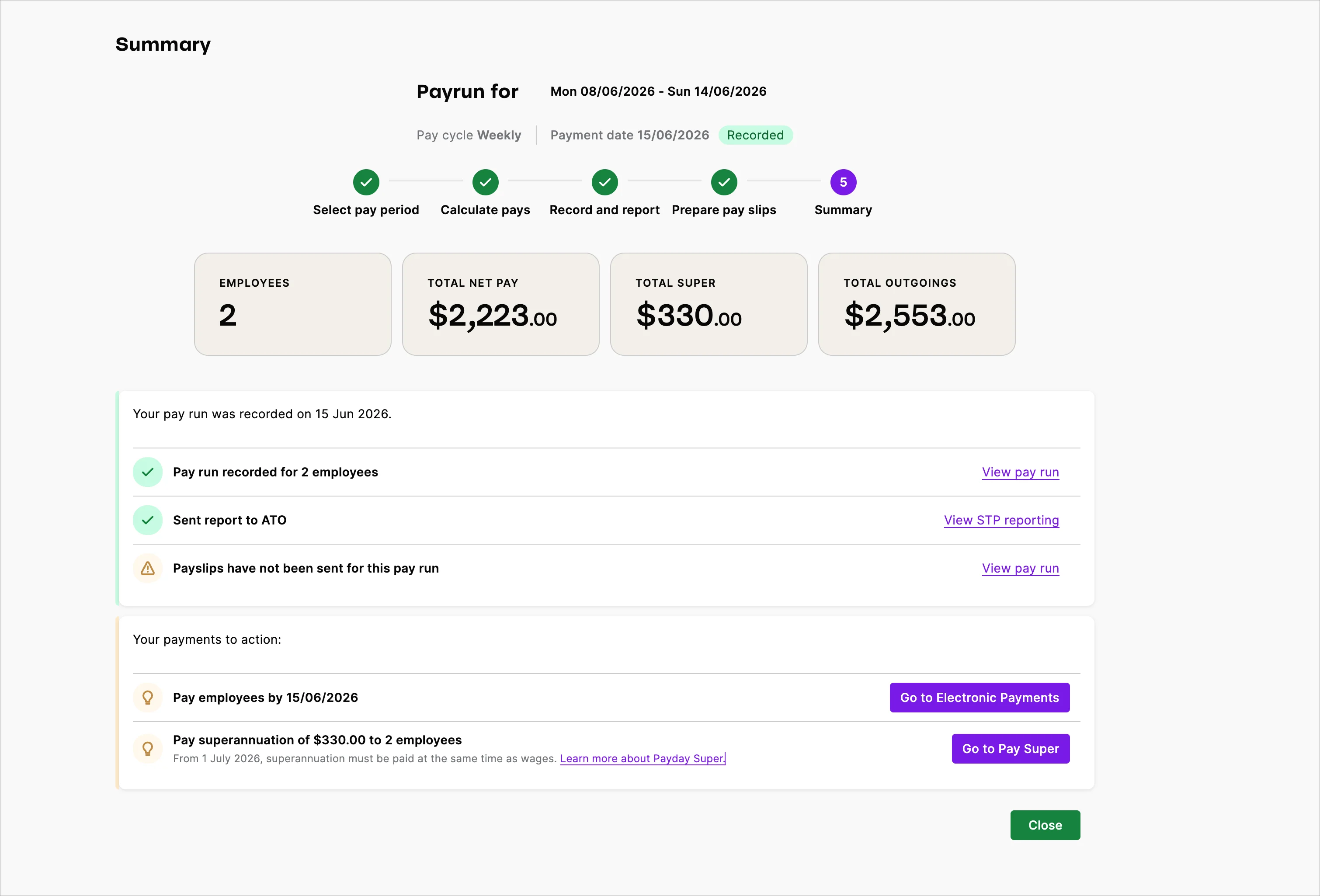 Example summary step of the pay run