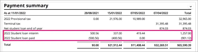 Student loan interim and Student loan paid rows highlighted in the Payment summary