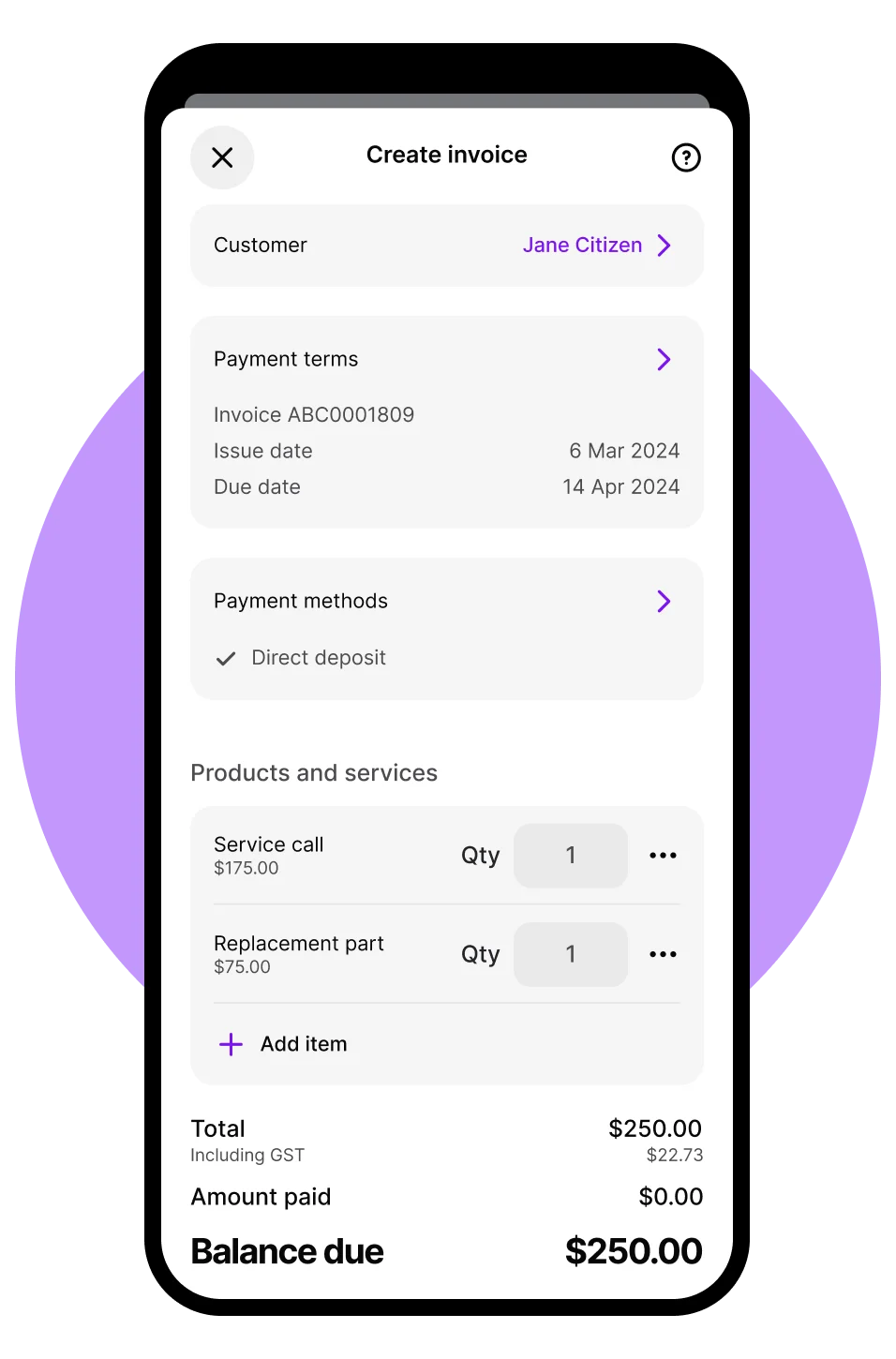 Solo app screen - Create Invoice