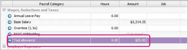 Example standard pay with tool allowance highlighted