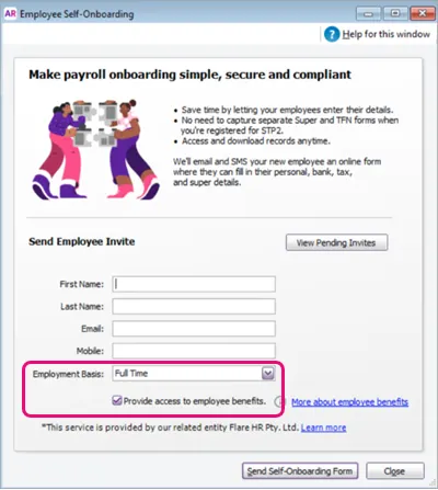 Employee Self-Onboarding window with new field and option highlighted