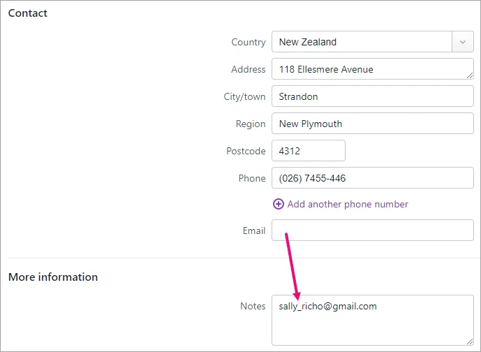 Example employee contact record with email address in Notes field