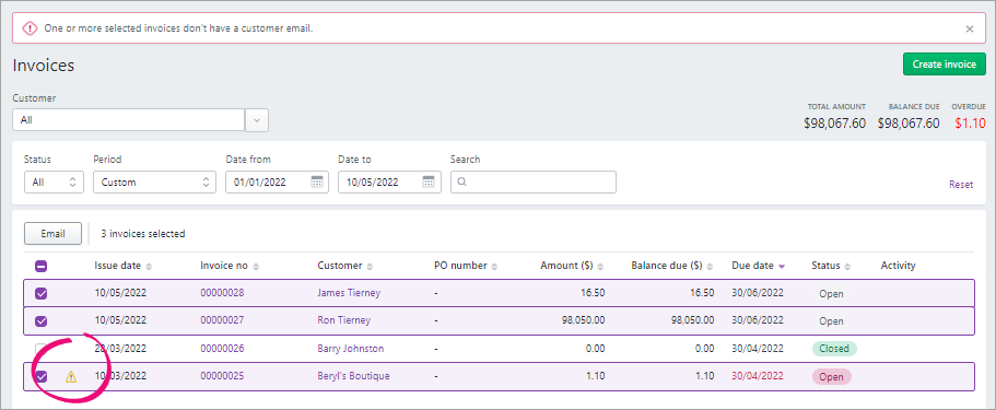 Example warning showing one or more customers does not have an email address