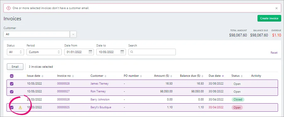 Example warning showing one or more customers does not have an email address