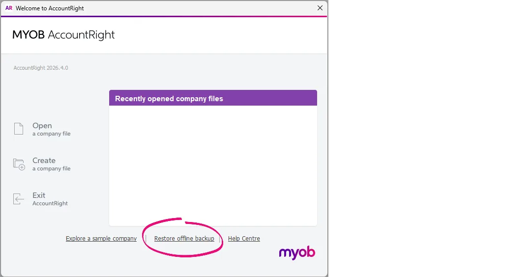 Example AccountRight welcome window with restore offline backup highlighted