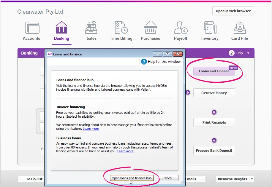 AccountRight banking command centre with loans and finance buttons highlighted